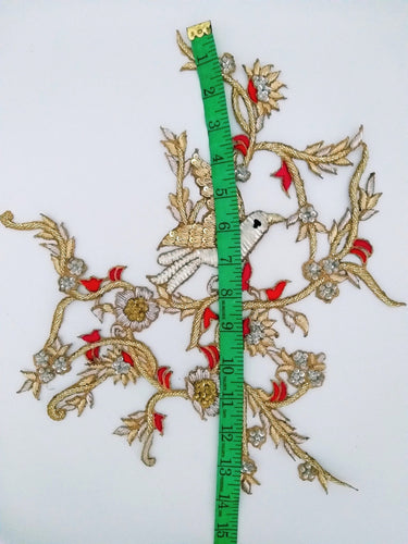 Large Hand Embroidered Sparkly Bird Applique With Red, Silver and Gold Embroidery With Zardozi Work, Bird and Floral Applique